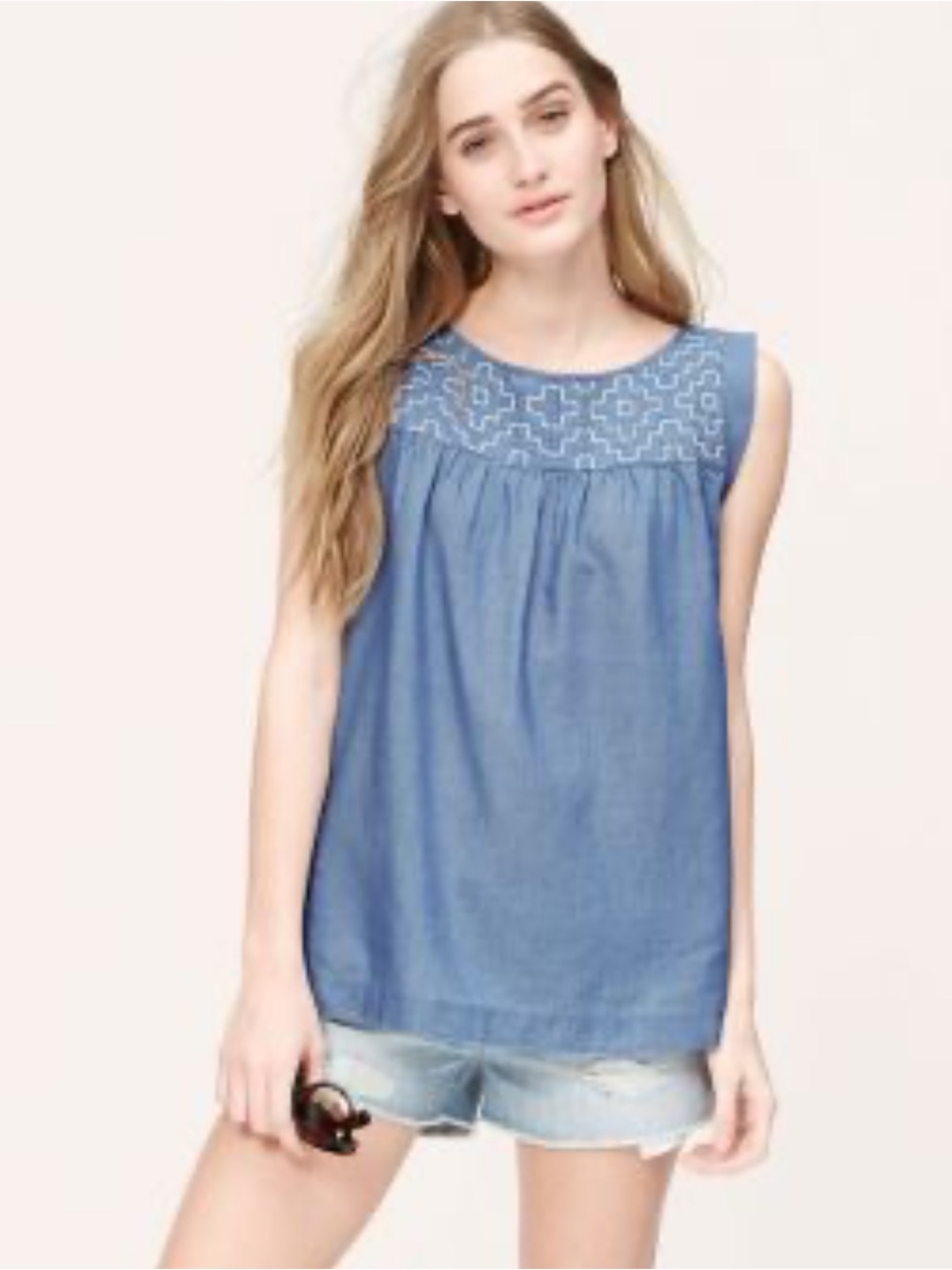 LOFT Blue Embroidered Yoke Sleeveless Chambray Top